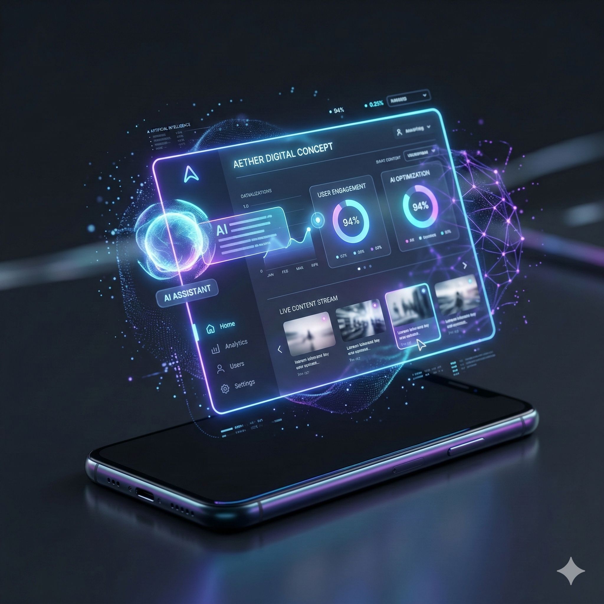 Panel holográfico de analítica y asistente de IA sobre un móvil